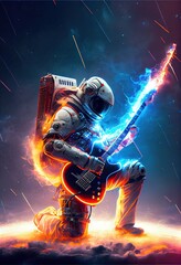 An astronaut on an alien planet playing an electric guitar. A high-tech astronaut from the future. The concept of space travel. Generative AI Art - obrazy, fototapety, plakaty