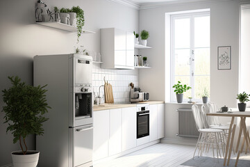 Modern flat with bright kitchen available for lease, purchase, and blogging. White furniture with a kettle and utensils, a tiny refrigerator, a shelf with dishes and a potted plant in the sunlight, an