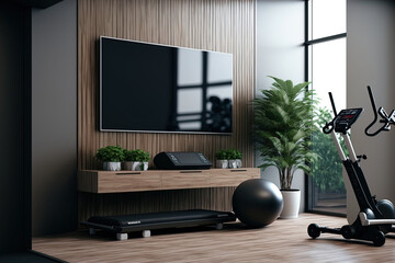 Interior of a modern home gym with sporting equipment, a mock up TV on the wall, furniture, and décor. Generative AI