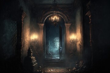creepy interior of an abandoned building background, concept art, digital illustration, haunted house, scary interior