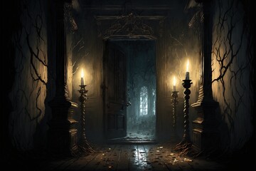 creepy interior of an abandoned building background, concept art, digital illustration, haunted house, scary interior