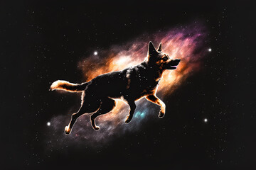 Space dog soar black universe at night. Generative AI