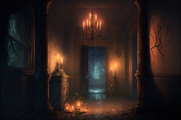 creepy interior of an abandoned building background, concept art, digital illustration, haunted house, scary interior