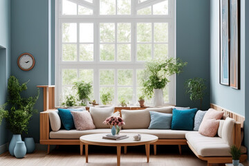 Fototapeta premium photography of an interior design, dreamy sunken living room conversation pit, wooden floor - AI Generated
