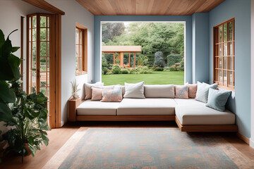  photography of an interior design, dreamy sunken living room conversation pit, wooden floor - AI Generated