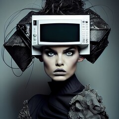 Portrait of a sci-fi cyberpunk girl. High-tech futuristic woman from the future. The concept of virtual reality and cyberpunk. Generative AI Art. - 557285638