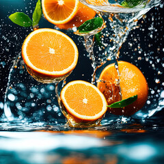 photo of a citrus fruits falling into water, - AI Generated