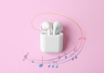 Staff with music notes and treble clef flowing from white wireless earphones in charging case on pink background, top view