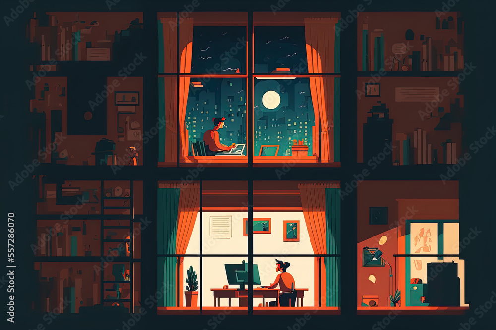 Poster through the building's windows, one can observe neighbors who are at home working. basic artwork wit