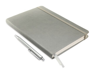 Closed grey notebook with pen isolated on white