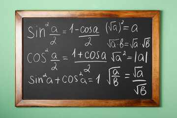 Chalkboard with many different math formulas on green wall