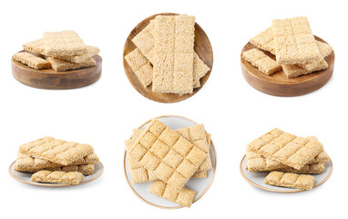 Delicious sesame kozinaki bars on white background, side and top views