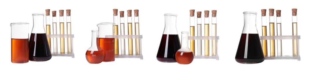 Test tubes and flasks with brown liquid on white background, collage. Banner design