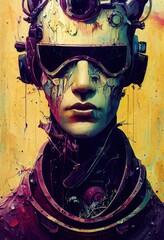 Fototapeta na wymiar Portrait of a sci-fi cyberpunk man. High-tech futuristic man from the future. The concept of virtual reality and cyberpunk. Generative AI Art.