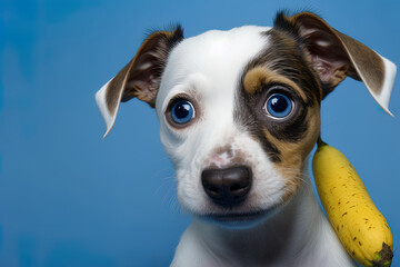 On a blue backdrop, a cute Jack Russell Terrier puppy is seen staring at the camera while wearing a banana peel. Generative AI