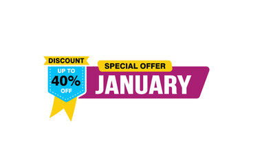 40 Percent JANUARY discount offer, clearance, promotion banner layout with sticker style. 