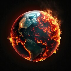 Planet earth on fire, climate change, created with Generative AI technology