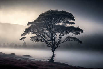 lone tree in the mist. Generative AI