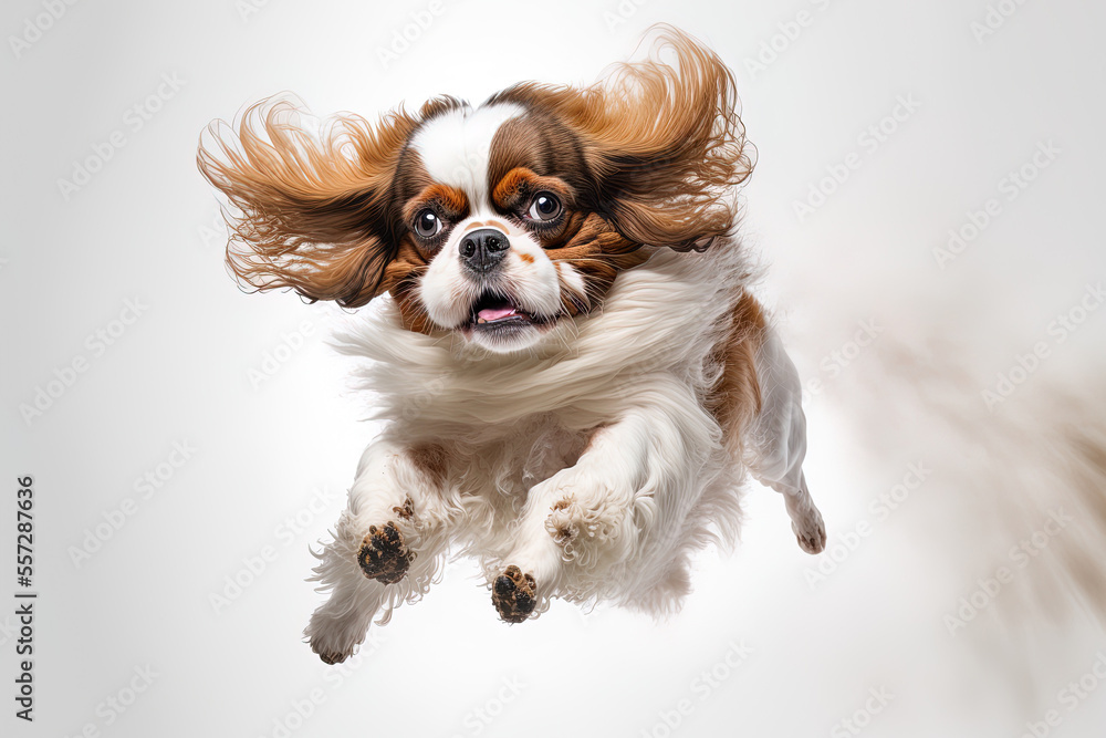 Poster king charles spaniel bouncing about amusingly against a white backdrop. generative ai