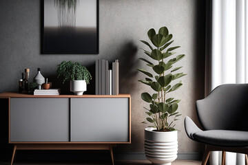 Interior of a contemporary Scandinavian home including a wooden commode, plants in dark pots, a gray sofa, books, and personal items. Elegant interior design. Template. Copy space blank walls