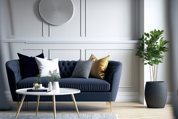 Modern living room interior background with grey sofa and navy blue pillow, navy blue ratten armchair, and circular coffee table. Generative AI