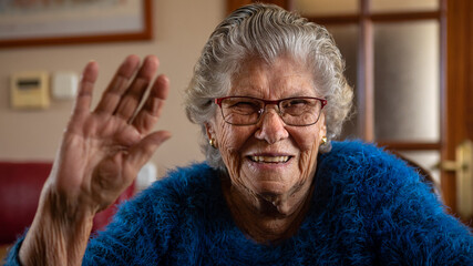 Portrait of happy caucasian 90s woman enjoying video call talk. Hand hello