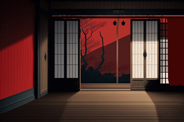 a room that is empty with a Chinese style backdrop. digital drawing on a computer. Generative AI