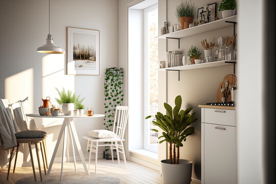 Scandinavian style, modern apartment for sale and rent with a simple, minimalist décor. White furniture with a kettle and utensils, shelves with dishes and a potted plant in the sunlight, and an