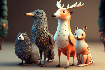 Fototapeta premium four distinct animal filled scenes cartoon figure. Generative AI