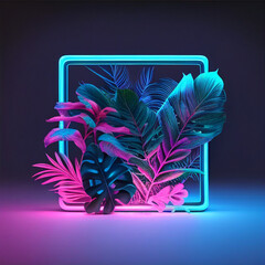 Blue and Pink Neon Light with Tropical Plants, Rectangle Shaped Fluorescent Frame in Exotic Environment