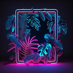 Blue and Pink Neon Light with Tropical Plants, Rectangle Shaped Fluorescent Frame in Exotic Environment