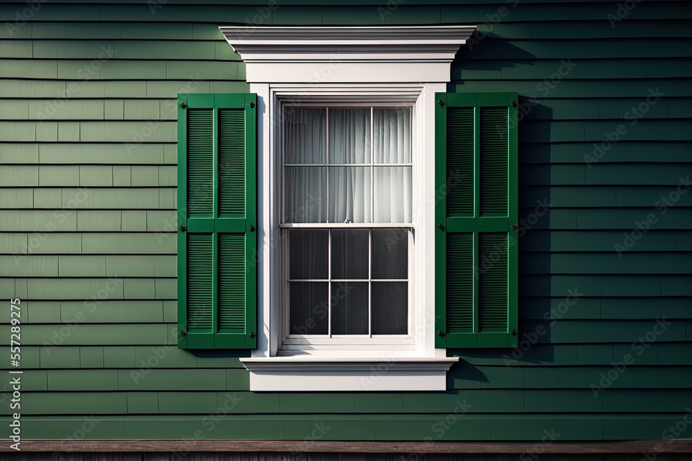 Poster a double hung window in a vintage style structure with a green external wall. the siding of the stru