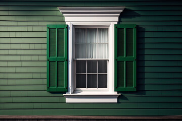 a double hung window in a vintage style structure with a green external wall. The siding of the structure is a thin, horizontal clapboard. The shuttered glass window has a white wooden trim and shutte