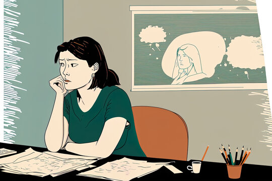 A blank piece of paper is in front of the young woman's thoughtful gaze as she sits at her desk. Idea of writer's block, anxiety over a blank page, creative crises, and trouble starting a project. vec