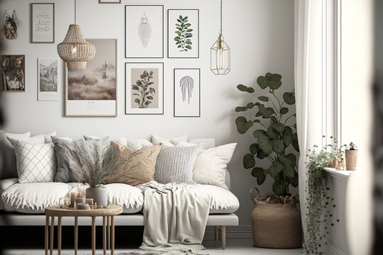 Mockup of a gallery wall in a living room decorated in a Scandi Boho manner. Generative AI