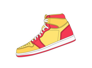 Vector yellow sneakers silhouette isolated on white background. Red color trainers shoe logo. Retro american style footwear. Classic sport model shoes. Sneaker shop logo