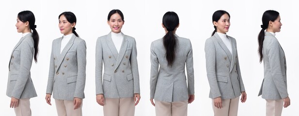 Half body 20s Asian Woman wear formal business blazer suit  dress pant shoes. Black long straight...