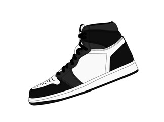 Vector black retro sneakers silhouette. American style sneaker side view. Trendy men footwear illustration. Shoes shop logo. Fashion shoe sign. Realistic casual sport high boots. Basketball sportswear