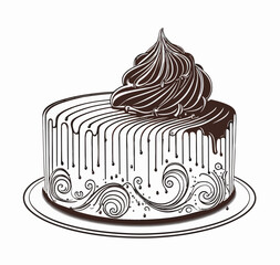 Chocolate cake on a plate on a white background. Vector illustration