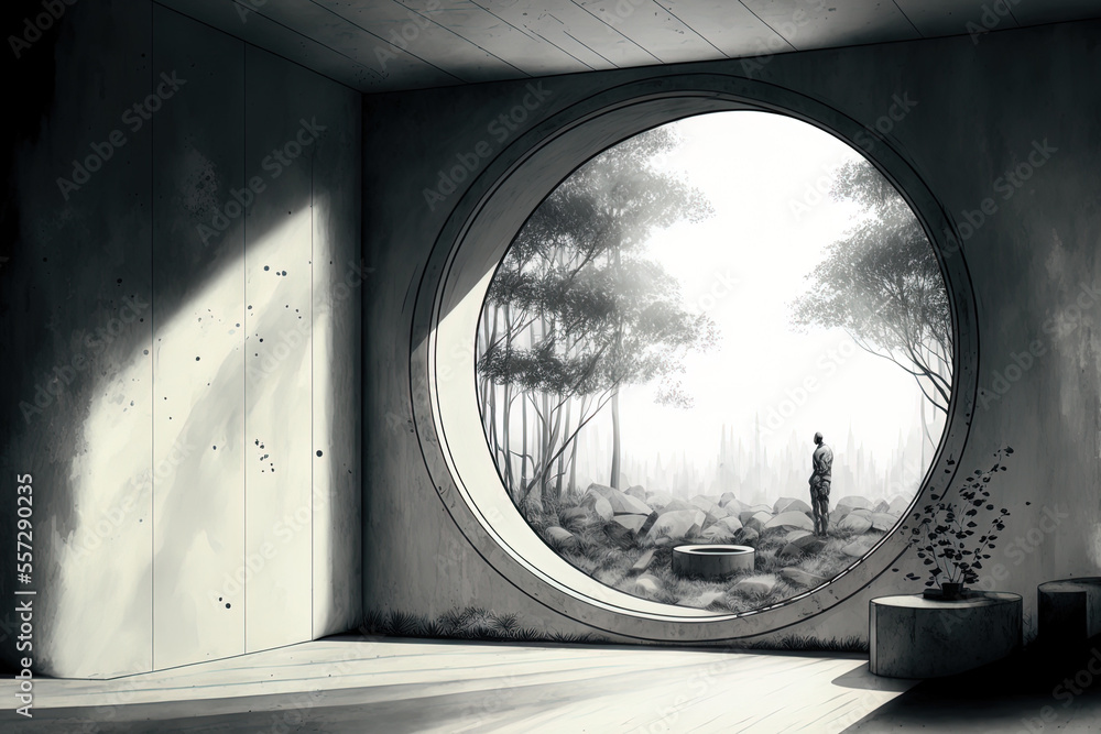 Poster a drawing of a plain concrete room with a sizable circular window and a round platform for a product