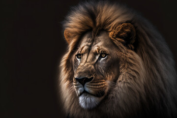 Obraz premium Lion king, a portrait of a wildlife beast, isolated on black. Generative AI