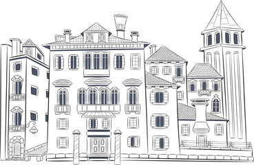 Black and white drawing of old Venetian houses on the embankment and the bell tower on a white background.