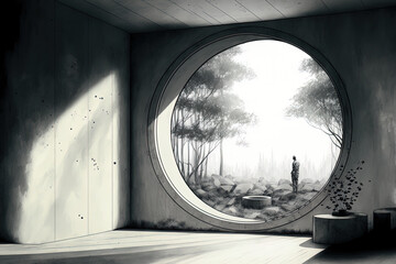 Fototapeta na wymiar A drawing of a plain concrete room with a sizable circular window and a round platform for a product presentation is shown against a backdrop of nature. Generative AI