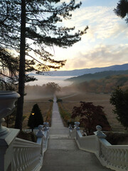 horizon stairs dorga path mist distance mountains forest sunset day