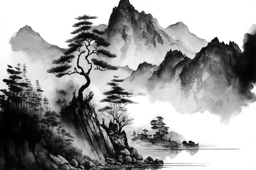 Abwaschbare Fototapete Grau 2 Mountainous setting. Chinese traditional ink drawing technique. handmade watercolor drawing. Generative AI