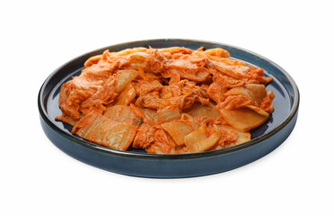 Plate of delicious kimchi with Chinese cabbage isolated on white