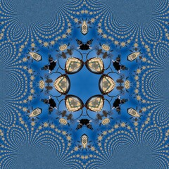 abstract background of pattern of a kaleidoscope. white blue background fractal mandala. abstract kaleidoscopic arabesque. geometrical ornament pattern