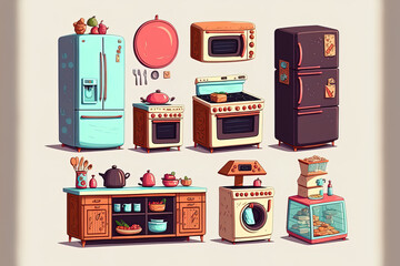 Cartoon kitchen furnishings for interior design on a white backdrop. Generative AI