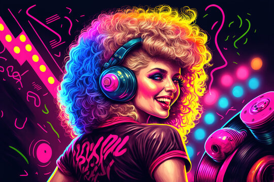 A woman in the 80s with curly hair and headphones in a brightly colored neon light disco, generative ai