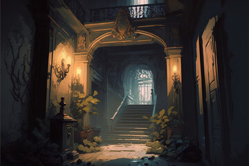 creepy interior of an abandoned building background, concept art, digital illustration, haunted house, scary interior, halloween background